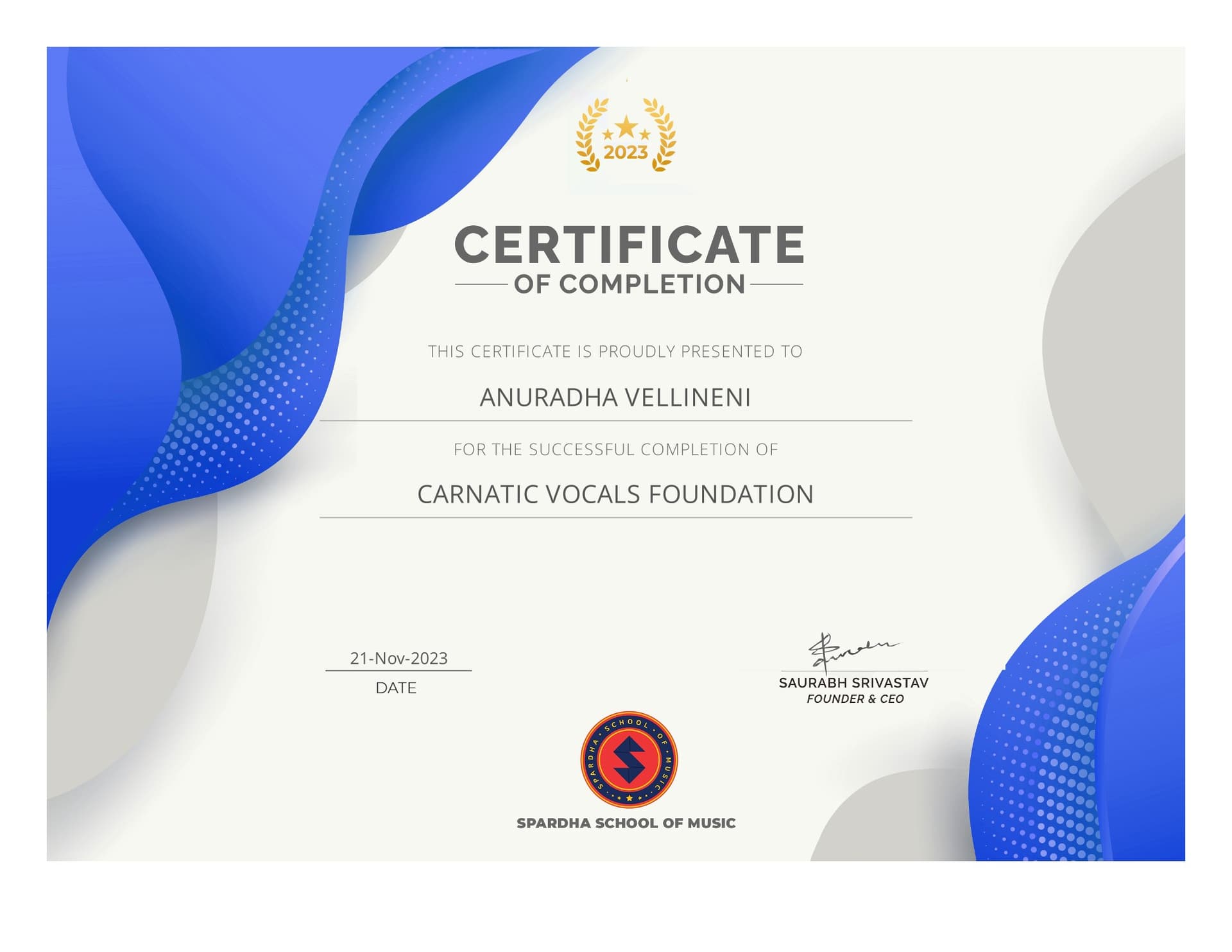 Carnatic Vocals Foundation certificate, Spardha School of Music, 2023